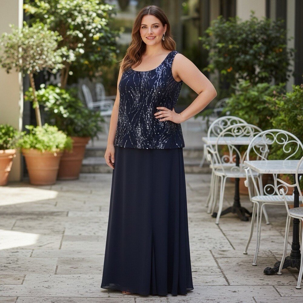 Alex Evenings Navy Blue Sequin 2 Piece Dress Jacket Set Formal 20W Mother Bride